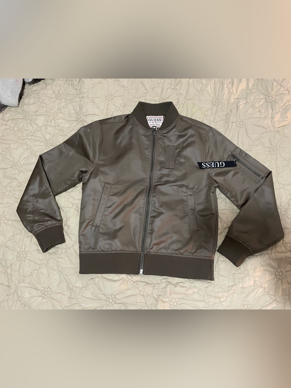 GUESS Men's Dark Olive Satin Bomber Jacket